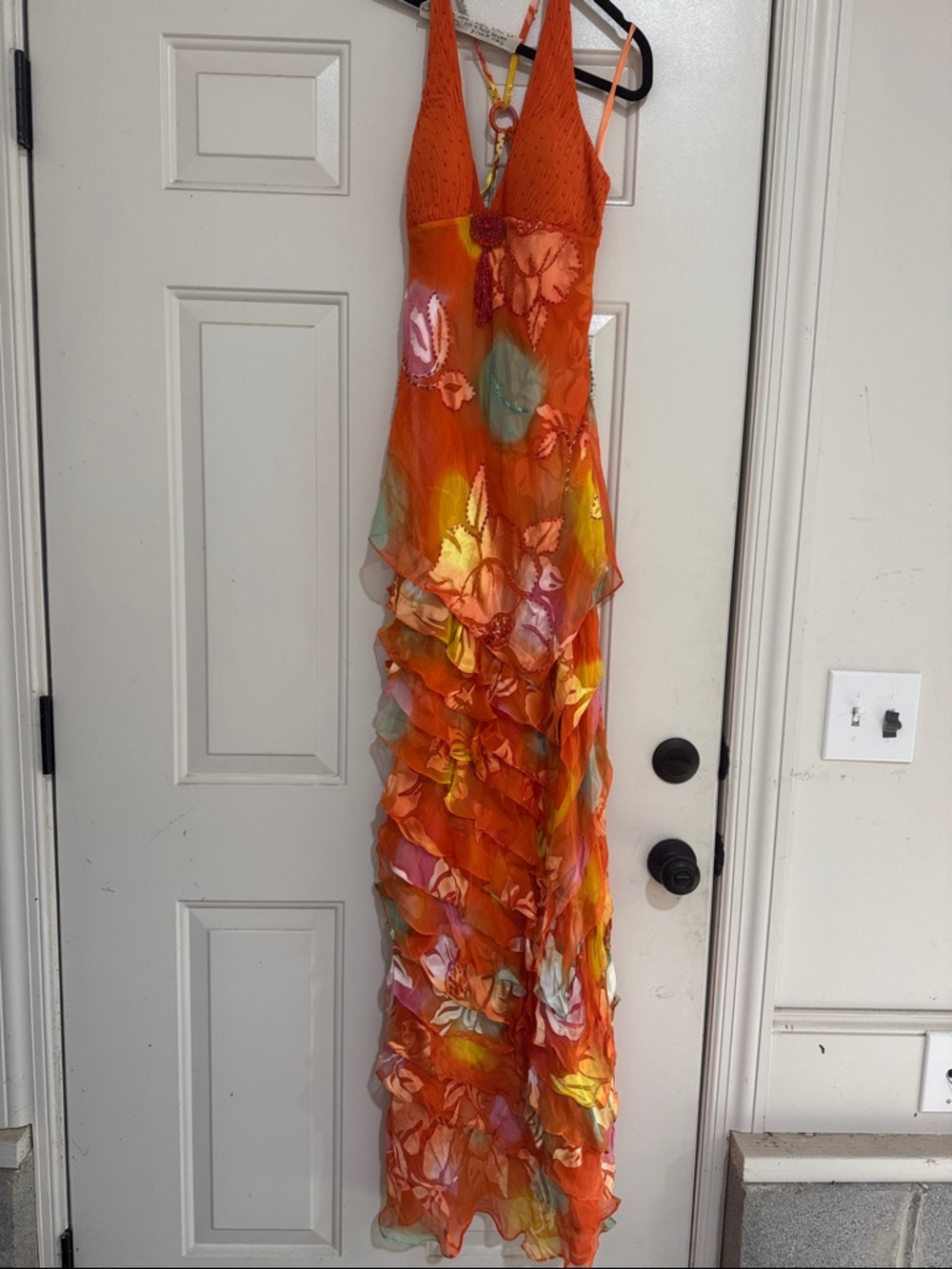 Sue Wong Orange Multicolor Ruffled Floral Silk-Gown